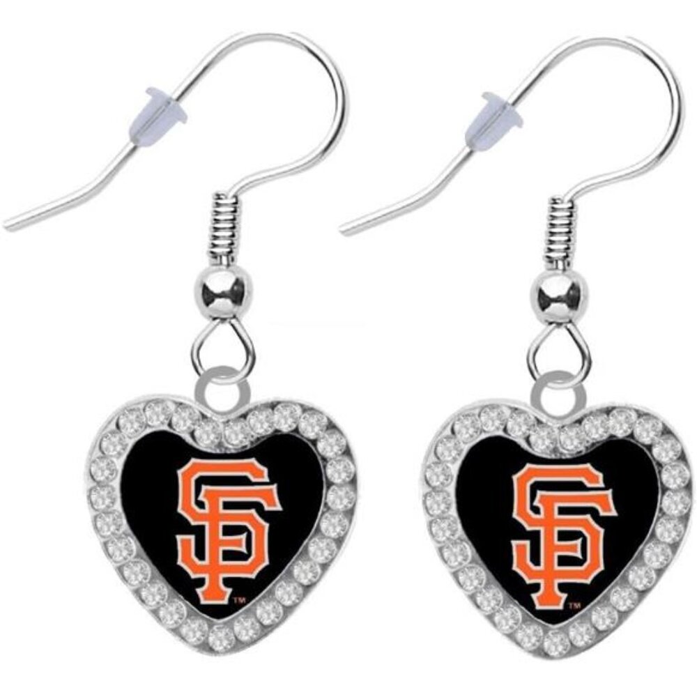 NEW WOMENS SAN FRANCISCO GIANTS CRYSTAL HEART MLB BASEBALL DANGLE EARRINGS DROP